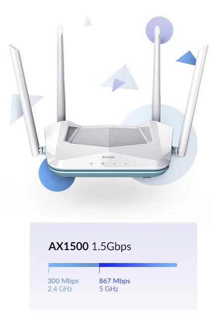 D-Link R15 Eagle Pro AI Router Inalámbrico WiFi 6 AX1500 (1500 Mbps) Doble Banda 2.4GHz/5GHz, 4 Antenas Externas, 3 Puertos Gigabit Ethernet, MU-MIMO, Color Blanco