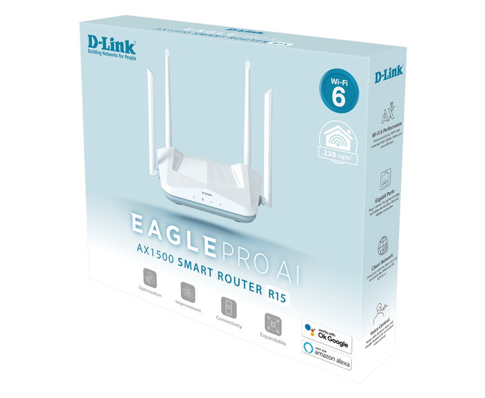 D - Link Router Wifi 6 R15 Eagle Doble Banda 2.4/5 GHz Wi-Fi 6 (802.11ax) 300 Mbps + 1201 Mbps Gigabit Ethernet 3 Puertos LAN Blanco