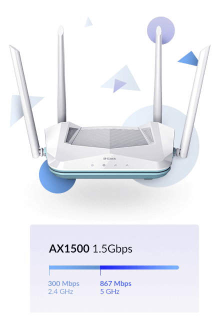 D - Link Router Wifi 6 R15 Eagle Doble Banda 2.4/5 GHz Wi-Fi 6 (802.11ax) 300 Mbps + 1201 Mbps Gigabit Ethernet 3 Puertos LAN Blanco