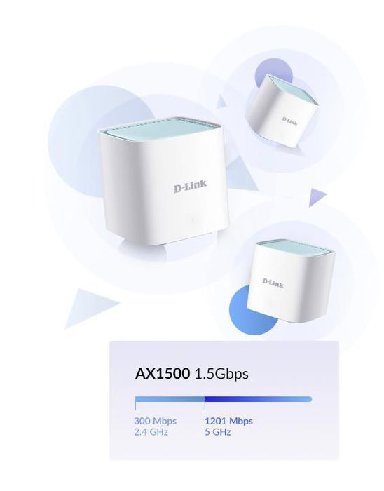 D-Link AX1500 Wi-Fi 6 Mesh Router, 300 Mbps (2.4 GHz) / 1201 Mbps (5 GHz) con Antenas Internas