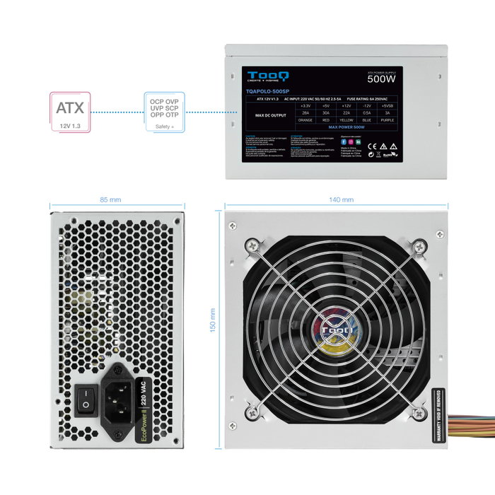 Tooq Fuente de Alimentación TQAPOLO-500SP ATX 500W Plata Tooq Fuente de Alimentación TQAPOLO-500SP ATX 500W Plata