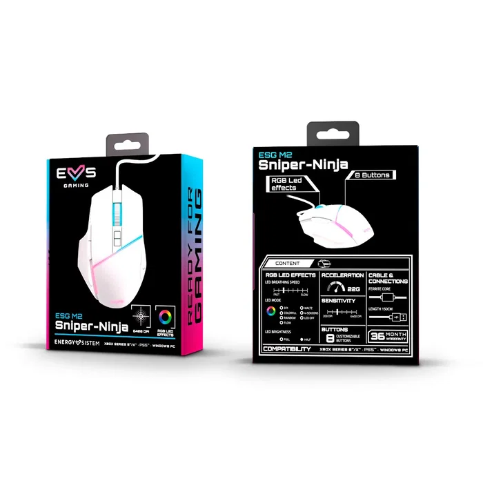 Energy Sistem ESG M2 Sniper-Ninja - Ratón Gaming Óptico USB para Diestros, 8 Botones, 6400 DPI Ajustable, Iluminación RGB, Cable 1.5m, Blanco