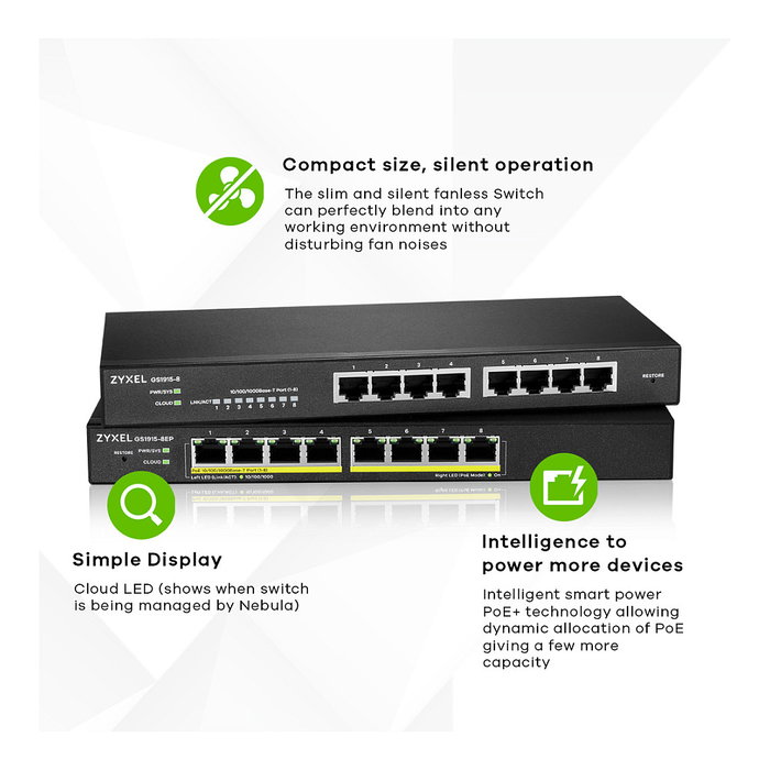 Zyxel GS1915-8EP Switch Inteligente Gigabit de 8 Puertos con 8 Puertos PoE y Presupuesto de 60W