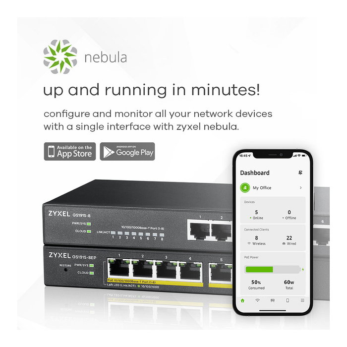 Zyxel GS1915-8EP Switch Inteligente Gigabit de 8 Puertos con 8 Puertos PoE y Presupuesto de 60W