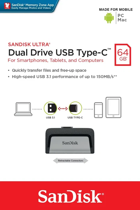 SanDisk Ultra Dual Drive USB Type-C 64 GB, Negro/Plata