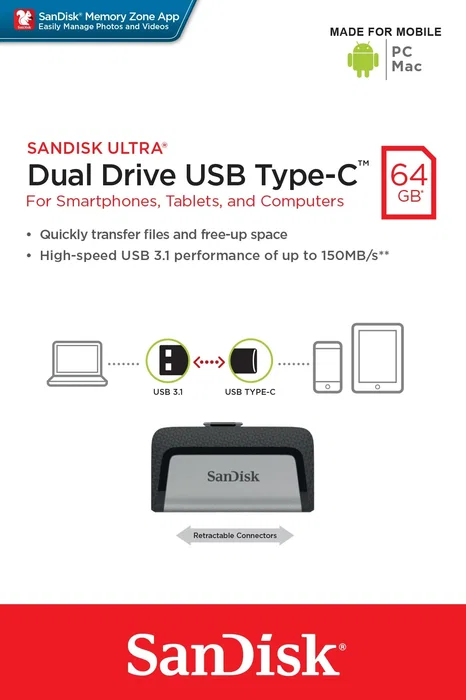 SanDisk Ultra Dual Drive USB Type-C 64GB, Pendrive USB 3.2 Gen 1 (3.1) con conector dual USB-A y USB-C, velocidad 150 MB/s, color Negro/Plata, modelo SDDDC2-064G-G46