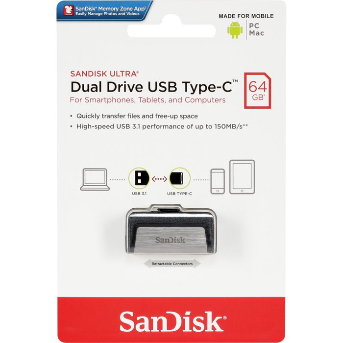 SanDisk Ultra Dual Drive USB 64 GB USB Type-C / USB Type-A Negro, Plata