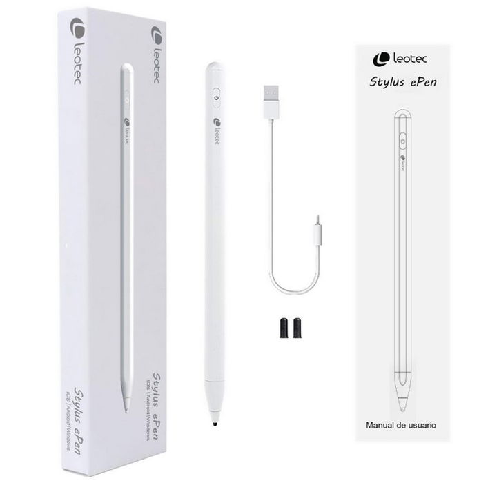 Leotec Lestp01 W Stylus ePen - Lápiz Digital con Batería 140mAh, 12-18h Autonomía, Compatible iOS/Android/Windows, Incluye Punta de Repuesto y Cable de Carga USB