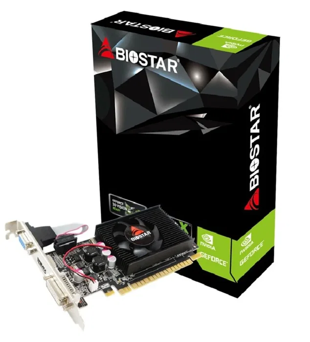 Biostar GeForce 210 Tarjeta Gráfica Low Profile, 1 GB GDDR3, 64 bits, PCI Express x16 2.0, Con HDMI, DVI y VGA, para Windows 7 y Vista