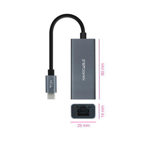 Nanocable 10.03.0406 Conversor USB-C a Ethernet Gigabit 10/100/1000 Mbps Aluminio Gris 15 cm