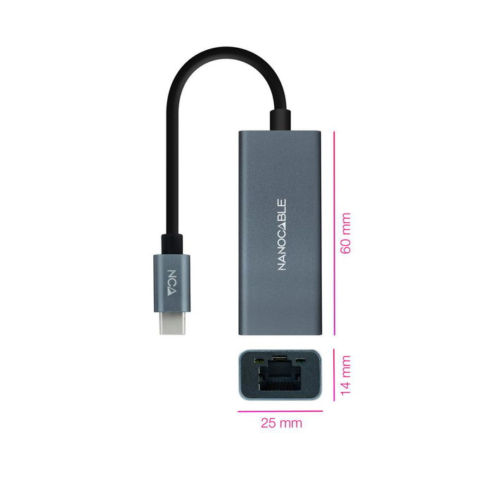 Nanocable Conversor USB-C a Ethernet Gigabit 10/100/1000 Mbps, Gris, 15 cm