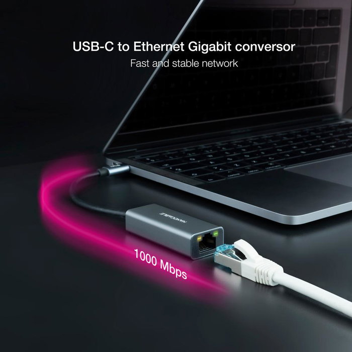 Nanocable Conversor USB-C a Ethernet Gigabit 10/100/1000 Mbps, Gris, 15 cm