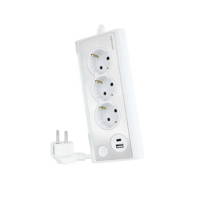 Nanocable 10.37.0013-W Regleta Sobremesa con 3 Tomas, 1 USB-C y 1 USB-A, 18W, LED con Interruptor, Protección Infantil, 1.5 m Cable, Aluminio/Blanco