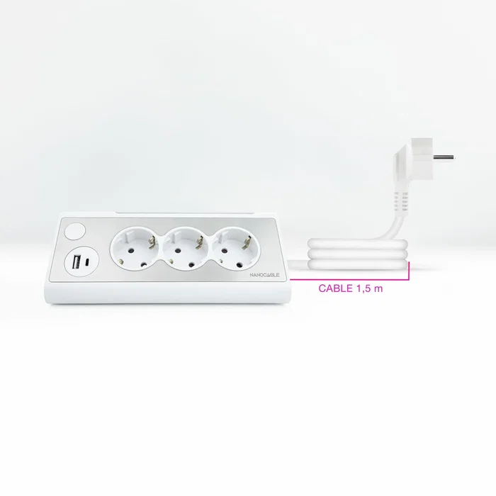 Nanocable 10.37.0013-W Regleta Sobremesa con 3 Tomas, 1 USB-C y 1 USB-A, 18W, LED con Interruptor, Protección Infantil, 1.5 m Cable, Aluminio/Blanco