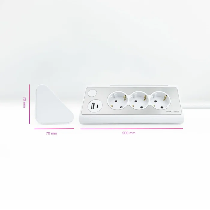 Nanocable 10.37.0013-W Regleta Sobremesa con 3 Tomas, 1 USB-C y 1 USB-A, 18W, LED con Interruptor, Protección Infantil, 1.5 m Cable, Aluminio/Blanco