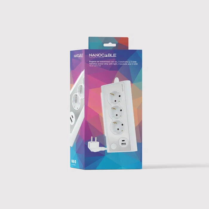 Nanocable 10.37.0013-W Regleta Sobremesa con 3 Tomas, 1 USB-C y 1 USB-A, 18W, LED con Interruptor, Protección Infantil, 1.5 m Cable, Aluminio/Blanco