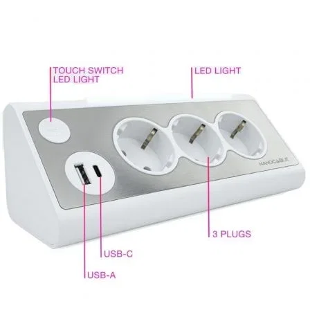 Nanocable - Regleta de sobremesa con 3 enchufes Shucko, 1 USB-C, 1 USB-A, iluminación LED e interruptor - Cable de 1.50 metros - shuckos Nanocable - Regleta de sobremesa con 3 enchufes Shucko, 1 USB-C, 1 USB-A, iluminación LED e interruptor - Cable de 1.50 metros - shuckos