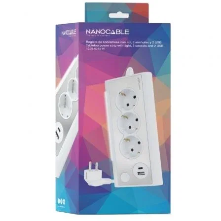 Nanocable - Regleta de sobremesa con 3 enchufes Shucko, 1 USB-C, 1 USB-A, iluminación LED e interruptor - Cable de 1.50 metros - shuckos Nanocable - Regleta de sobremesa con 3 enchufes Shucko, 1 USB-C, 1 USB-A, iluminación LED e interruptor - Cable de 1.50 metros - shuckos