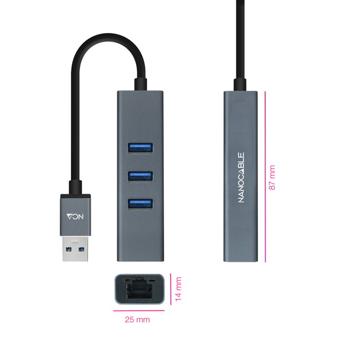 Nanocable Conversor USB 3.0 a Ethernet Gigabit + 3xUSB 3.0, Aluminio, Gris Nanocable Conversor USB 3.0 a Ethernet Gigabit + 3xUSB 3.0, Aluminio, Gris