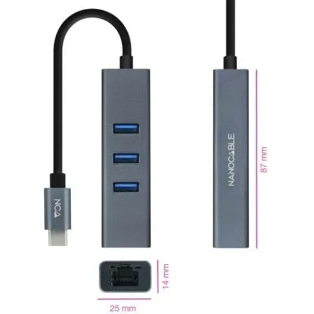 Nano Cable 10.03.0408 Hub USB-C a RJ45 Gigabit y 3xUSB 3.0, Gris