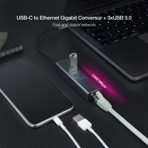 Nanocable Conversor USB-C a Ethernet Gigabit + 3xUSB 3.0, Gris, 15 cm