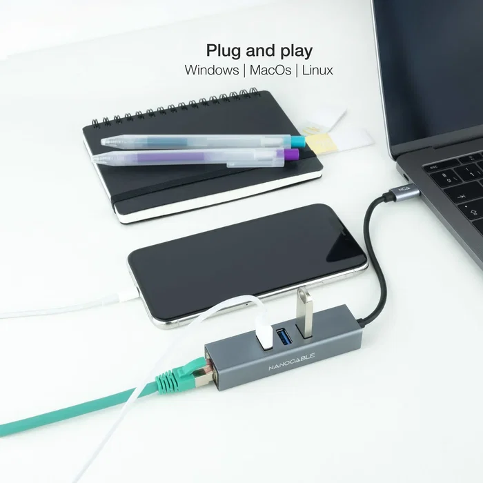 Nano Cable 10.03.0408 Hub USB-C a RJ45 Gigabit y 3xUSB 3.0, Gris Nano Cable 10.03.0408 Hub USB-C a RJ45 Gigabit y 3xUSB 3.0, Gris