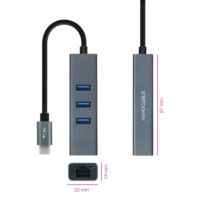 Nano Cable 10.03.0408 Hub USB-C a RJ45 Gigabit y 3xUSB 3.0, Gris Nano Cable 10.03.0408 Hub USB-C a RJ45 Gigabit y 3xUSB 3.0, Gris