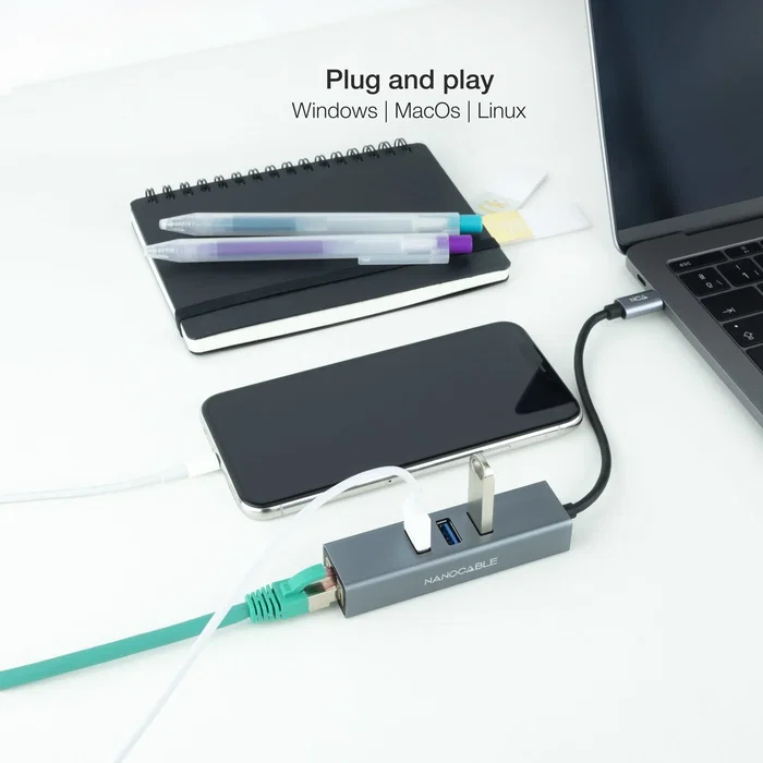 Nanocable Conversor USB-C a Ethernet Gigabit + 3XUSB 3.0 Gris Aluminio Nanocable Conversor USB-C a Ethernet Gigabit + 3XUSB 3.0 Gris Aluminio