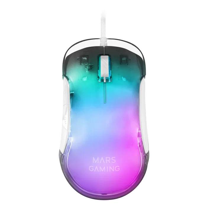 Mars Gaming MMGLOWW Ratón Gaming RGB para Mano Derecha, Sensor Óptico 12800 DPI, Iluminación Chroma-Glow 16.8M Colores, Cable Paracord, Ultraligero 75g, Color Blanco