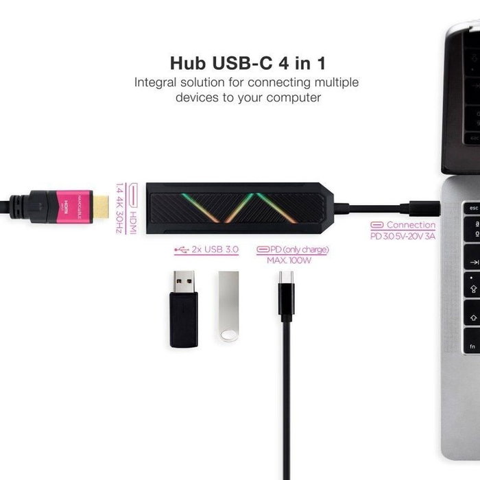 Nanocable Hub USB-C 4 en 1 con 2x USB-A, USB-C PD y HDMI 4K