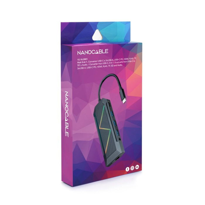 Nanocable Hub USB-C 9 en 1 10.16.0901 con HDMI 4K, RJ45 y Lectores de Tarjetas