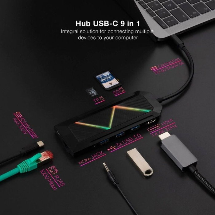 Nanocable Hub USB-C 9 en 1 10.16.0901 con HDMI 4K, RJ45 y Lectores de Tarjetas
