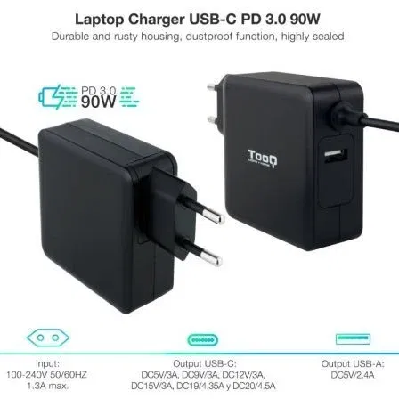 Tooq Cargador de Portátil TQLC-USBC90PD USB-C 90W Power Delivery 3.0 para Mac, 1xUSB-A, Automático 5-20V, Negro