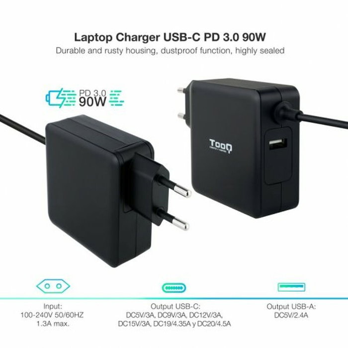 Tooq TQLC-USBC90PD Cargador de Portátil 90W USB-C/USB-A Negro Tooq TQLC-USBC90PD Cargador de Portátil 90W USB-C/USB-A Negro