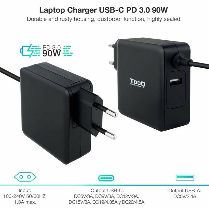 Tooq TQLC-USBC90PD Cargador de Portátil 90W USB-C/USB-A Negro Tooq TQLC-USBC90PD Cargador de Portátil 90W USB-C/USB-A Negro