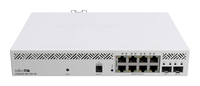 MikroTik CSS610-8P-2S+IN Switch de Red 8 Puertos Gigabit Ethernet PoE, 2 Puertos SFP+ 10Gbps, SwOS Lite Blanco