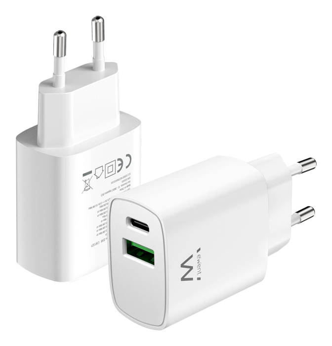 EWENT EW1321_R1 Cargador Universal Rápido USB-C y USB-A Blanco 20W Carga Rápida Interior para Smartphones y Tablets