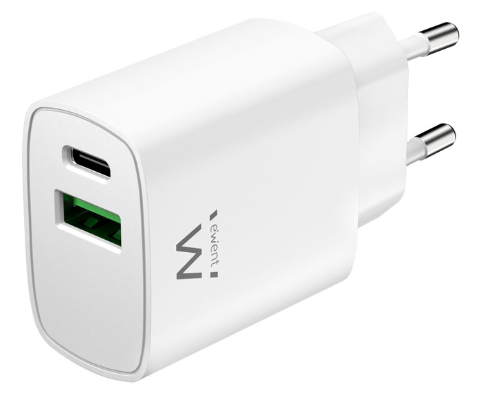 EWENT EW1321_R1 Cargador Universal Rápido USB-C y USB-A Blanco 20W Carga Rápida Interior para Smartphones y Tablets