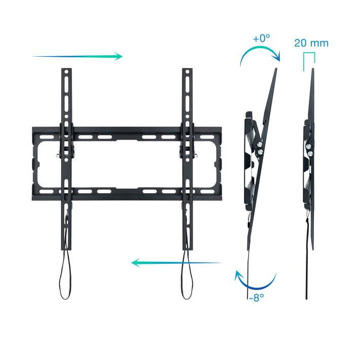 TooQ Soporte de Pared para TV, Monitor y Televisión, Ajustable e Inclinable (-8°), para Pantallas de 32" a 70" y hasta 45 kg, Color Negro