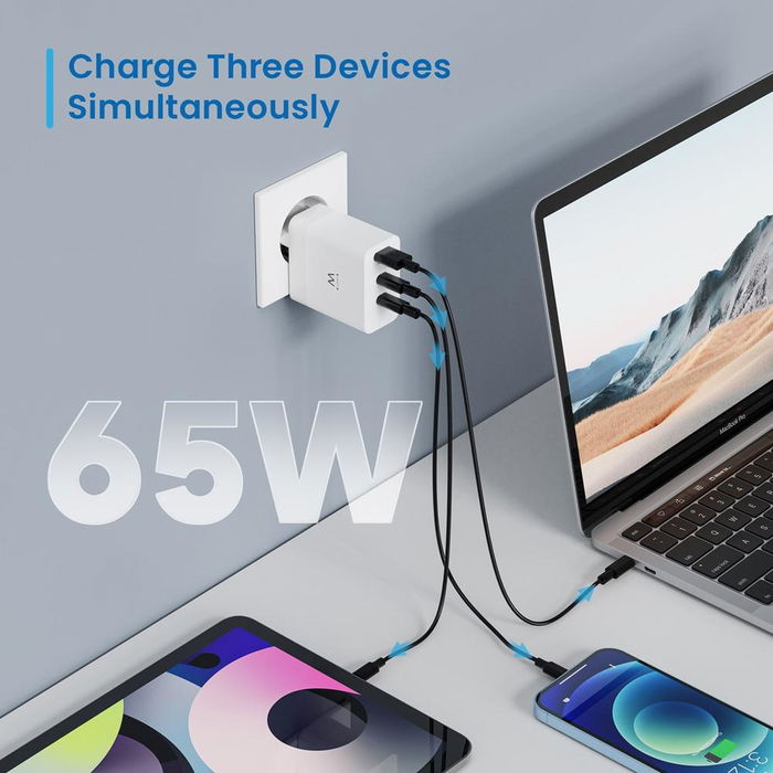 Ewent EW1323 Cargador Rápido 65W GaN 3 Puertos USB-C, Carga Rápida PD QC 3.0 para MacBook, iPhone, Smartphone, Tablet y Portátiles Ewent EW1323 Cargador Rápido 65W GaN 3 Puertos USB-C, Carga Rápida PD QC 3.0 para MacBook, iPhone, Smartphone, Tablet y Portátiles