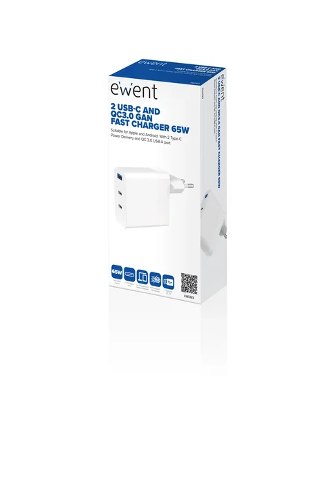 Ewent EW1323 Cargador GaN 65W con 3 Puertos (2 USB-C, 1 USB-A) - Carga Rápida PD/QC 3.0 para Macbook, iPhone, Samsung y más