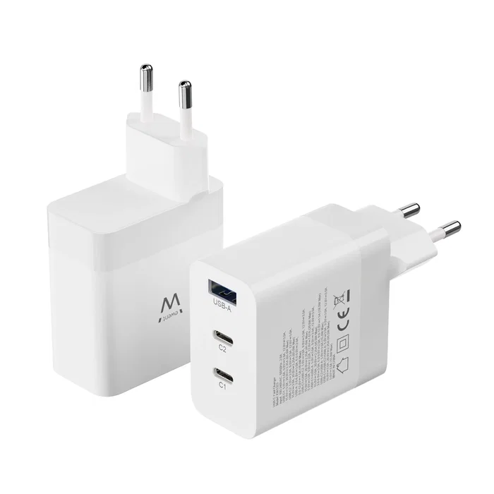 Ewent EW1323 Cargador GaN 65W con 3 Puertos (2 USB-C, 1 USB-A) - Carga Rápida PD/QC 3.0 para Macbook, iPhone, Samsung y más