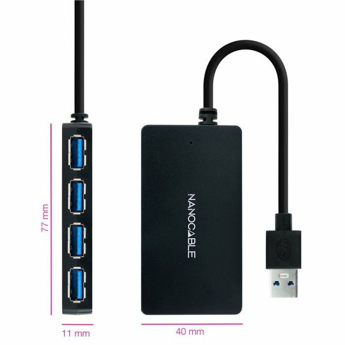 Nanocable Hub USB 3.0 con 4 Puertos USB-A, Cable 15 cm, Negro