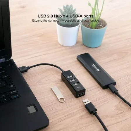 Nano Cable Hub USB 2.0 10.16.4404 con 4 Puertos USB-A Hembra, Negro, Plug and Play, Compatible con Windows y MacOS