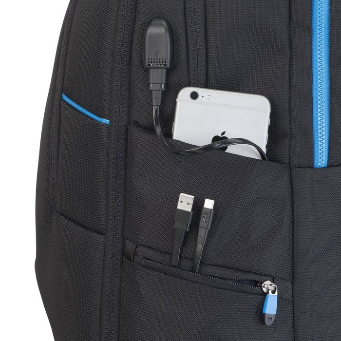 Rivacase Borneo 7860 Mochila Gaming para Portátil 17.3" Negro y Azul con Respaldo, Varios Compartimentos y Resistente al Agua