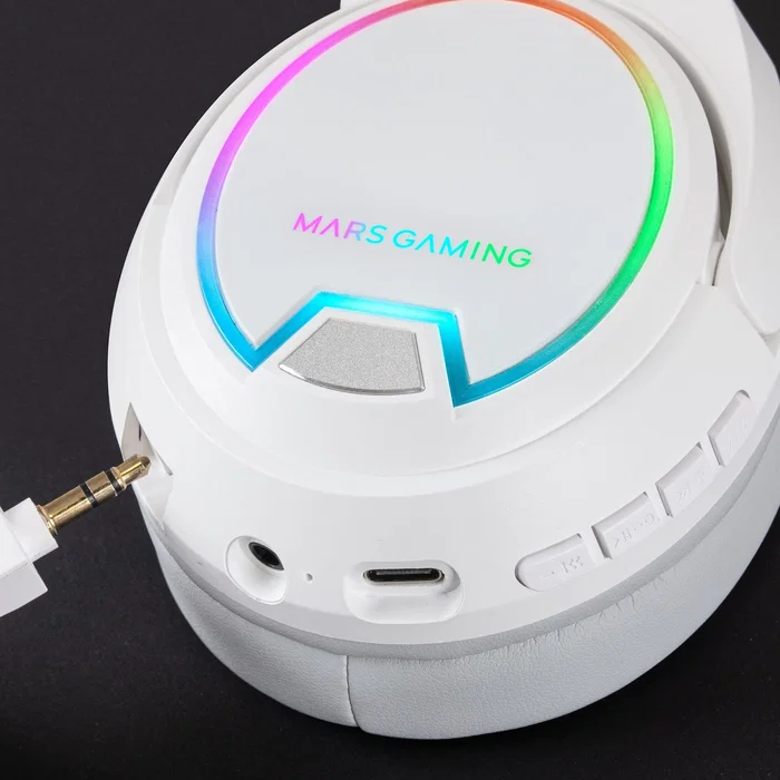 Mars Gaming Auriculares Gaming MHW-100 Inalámbricos/Alámbricos Diadema, 40h Batería, Micrófono ENC Extraíble, Luz ARGB, Voice Monitor, Blanco