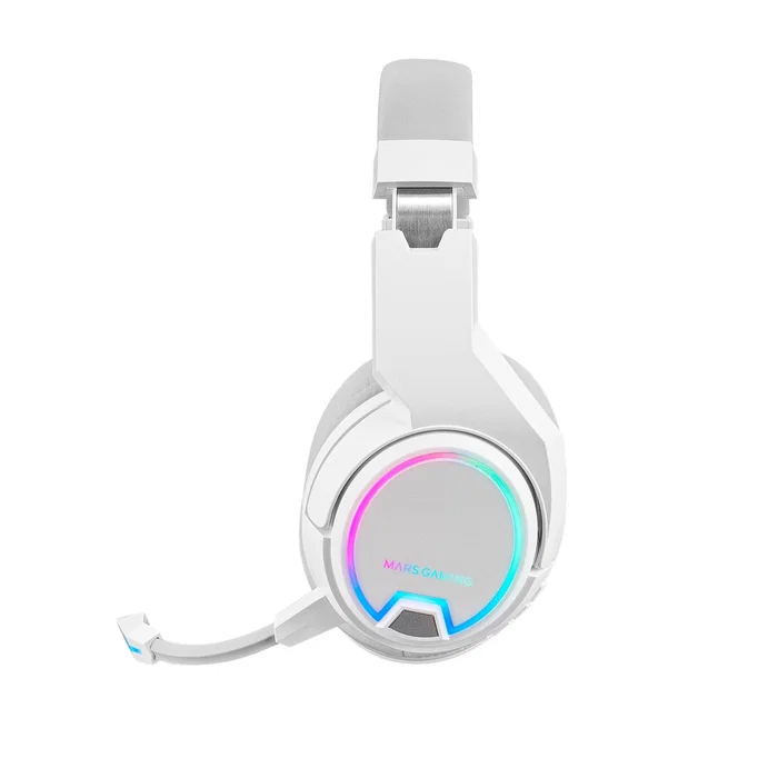 Mars Gaming Auriculares Gaming MHW-100 Inalámbricos/Alámbricos Diadema, 40h Batería, Micrófono ENC Extraíble, Luz ARGB, Voice Monitor, Blanco