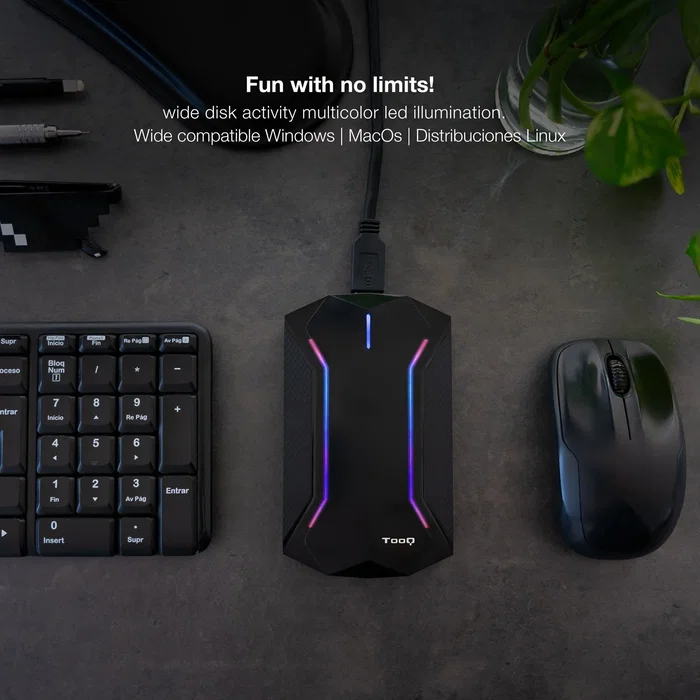 TooQ TQE-2599RGB Caja Externa Gaming para Discos HDD/SSD 2.5", USB 3.2 Gen 1, Negro, Carcasa Externa con LED, Plug and Play, Compatible hasta 2TB