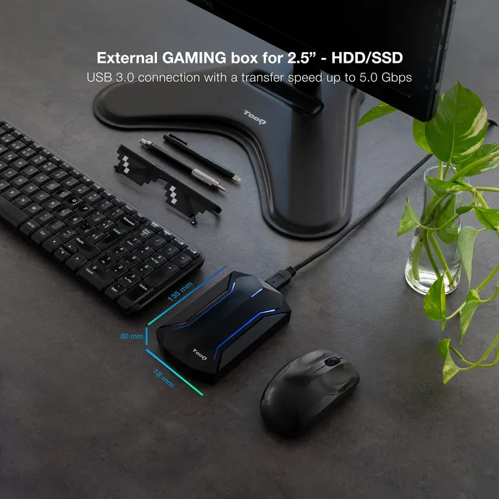 TooQ TQE-2599RGB Caja Externa Gaming para Discos HDD/SSD 2.5", USB 3.2 Gen 1, Negro, Carcasa Externa con LED, Plug and Play, Compatible hasta 2TB