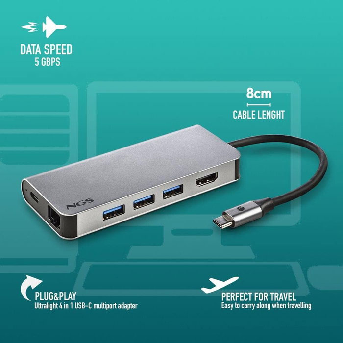 NGS WonderDock8 Adaptador USB-C 8 en 1 Plata